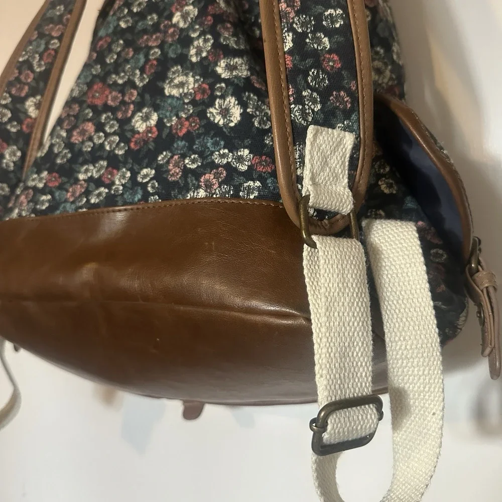 Vintage Y2K MUDD Canvas Floral Print Boho Backpack Satchel Bag‎ w/Leather Trim